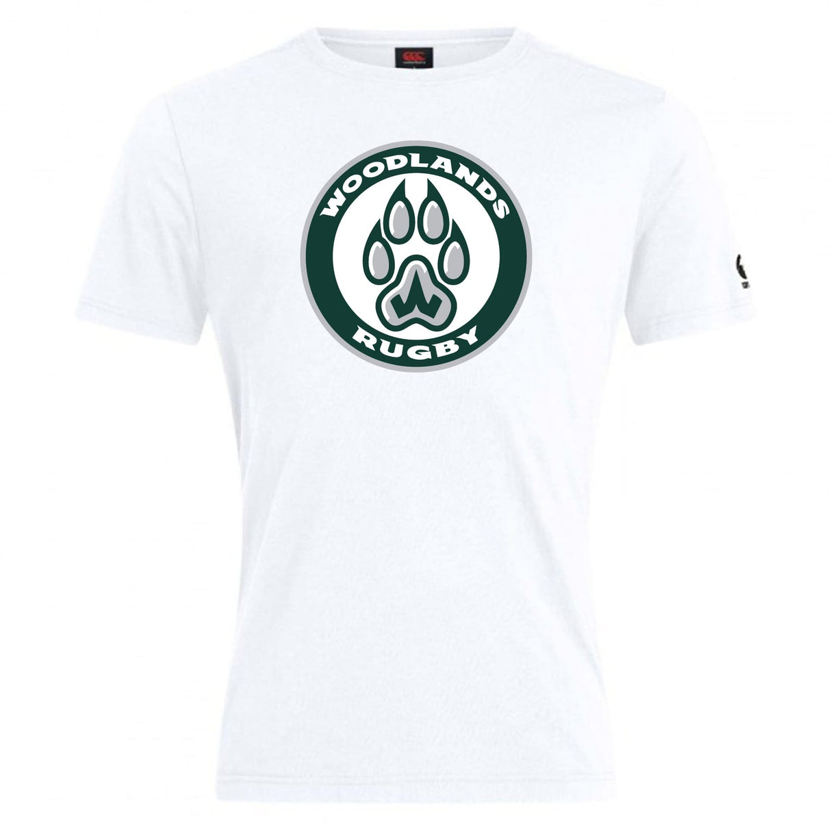 The Woodlands Youth Club Plain Tee by WRS Canterbury is a white cotton blend t-shirt with a large circular "Woodlands Rugby" logo and bear paw print on the chest.