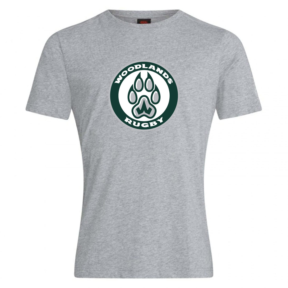 The Woodlands Youth Club Plain Tee by WRS Canterbury is a gray cotton blend shirt featuring "Woodlands Rugby" text and a paw print logo in dark green and white, centered on the front. Comfortable, customizable, and perfect for showing team spirit.