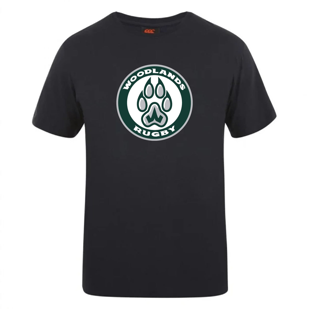 The Woodlands Youth Club Plain Tee by WRS Canterbury is a black cotton blend t-shirt featuring the "Woodlands Rugby" logo and a large paw print design on the front.