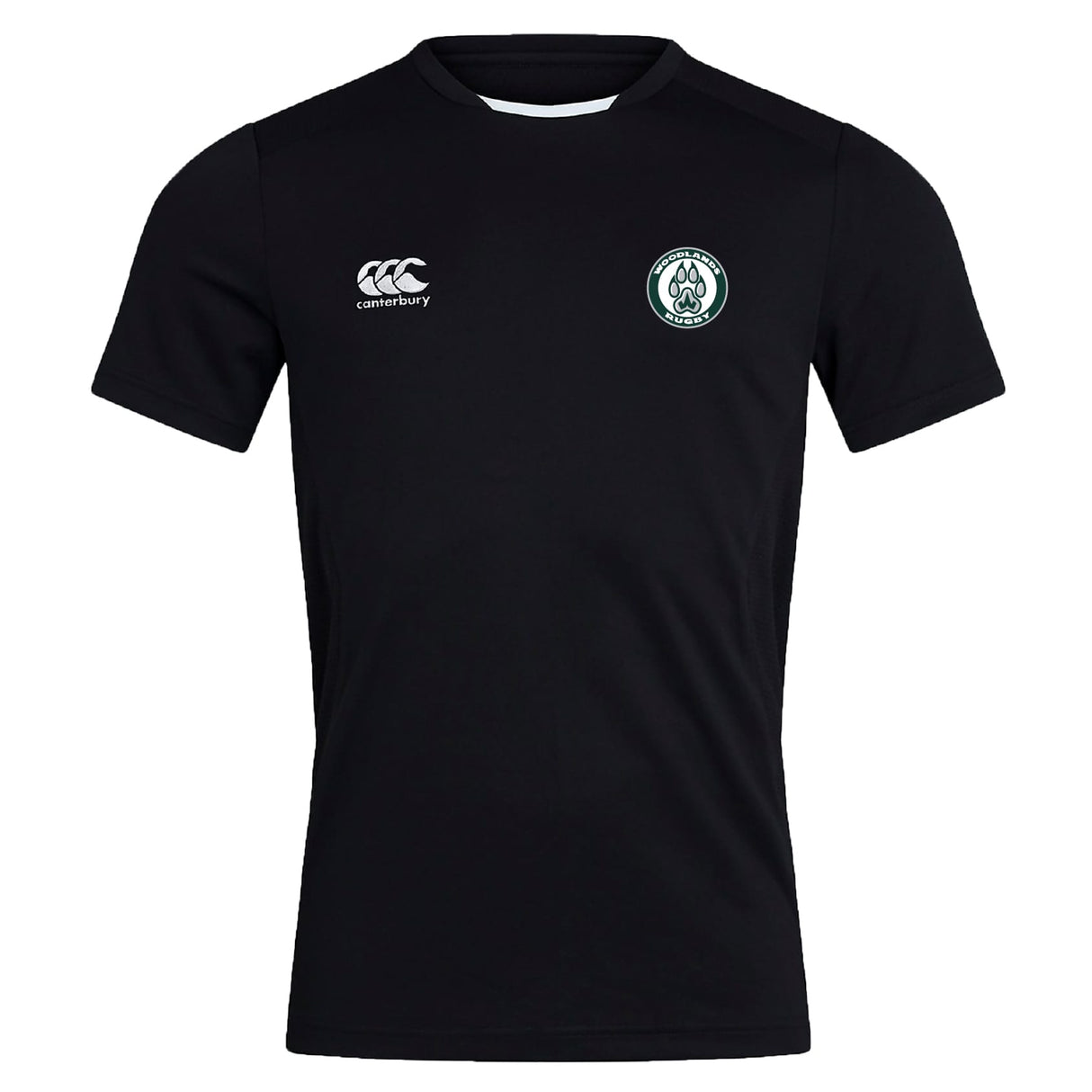 The Woodlands Youth Club Dry Tee by EMB Canterbury is a black short-sleeved top with a right chest Canterbury logo, left circular green and white emblem, and Vapodri Technology for breathable comfort during workouts.