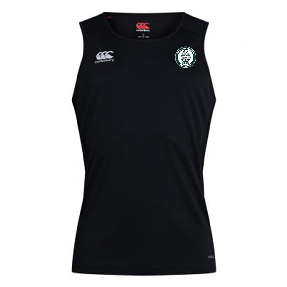The Woodlands Youth Club Dry Singlet by EMB Canterbury is a black athletic top with Vapodri Technology, featuring a white logo on the right chest and a green-and-white emblem on the left—ideal for peak performance.