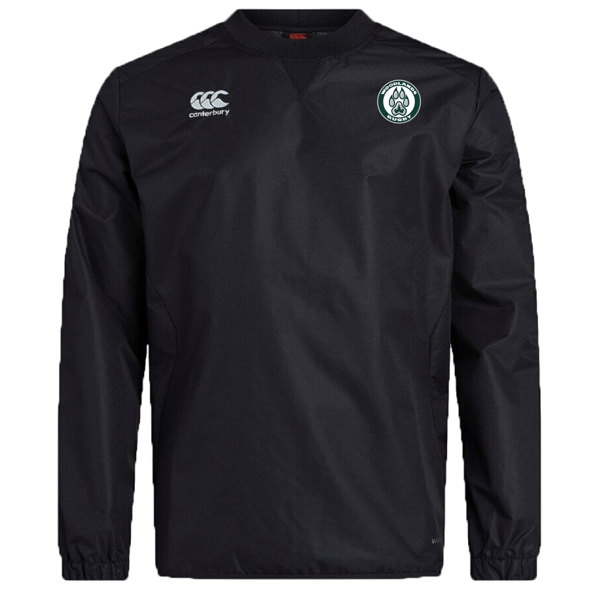The Woodlands Youth Club Vaposhield Contact Top by EMB Canterbury is a black long-sleeve rugby top with an embroidered circular wolf paw logo—perfect custom apparel for training or game day.