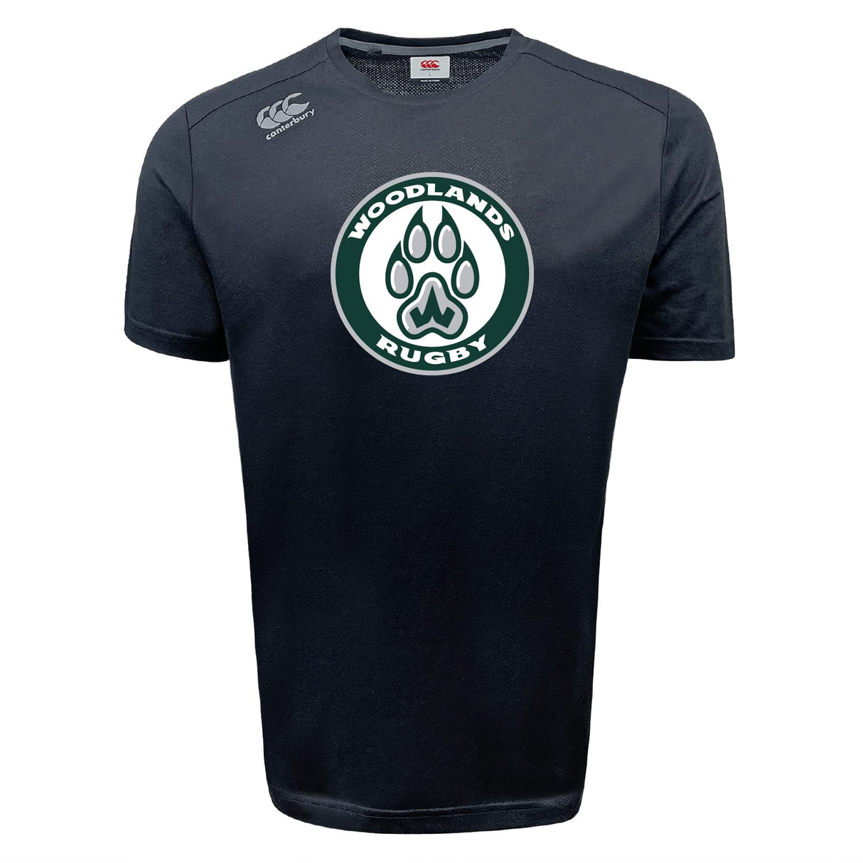 The Woodlands Youth Tempo Vapodri T-Shirt by WRS Canterbury is a black short-sleeve tee with a white and green "Woodlands Rugby" paw print logo on the chest, Canterbury logo on the right shoulder, and moisture-wicking fabric.