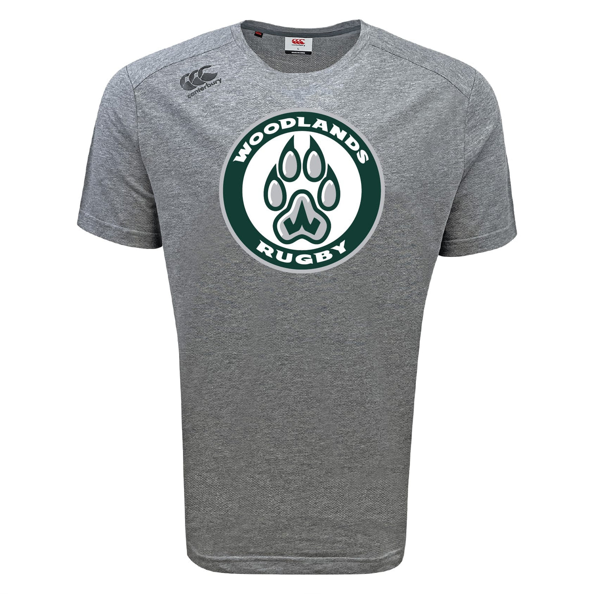 The Woodlands Youth Tempo Vapodri T-Shirt by WRS Canterbury is a gray short-sleeve tee with a large green paw print "Woodlands Rugby" logo on the chest, designed for athletic performance and moisture-wicking comfort.