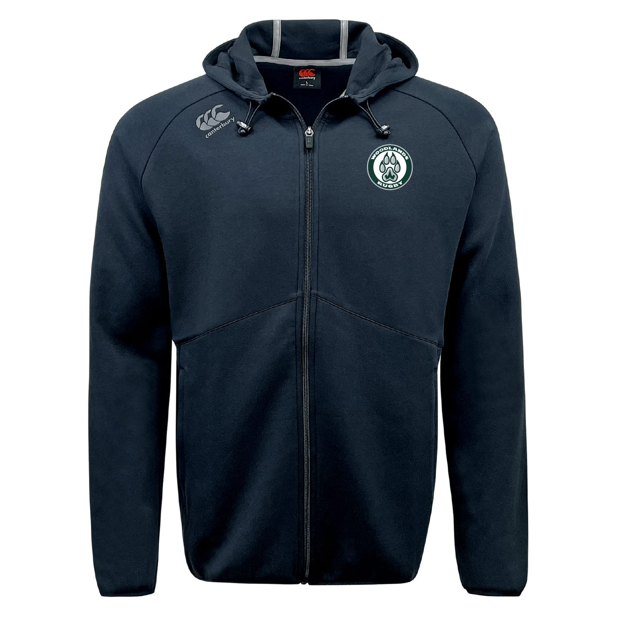 The Woodlands Youth Tempo Vapodri Full-Zip Hoodie by EMB Canterbury is a black hoodie with a hood, Ireland rugby emblem on the left chest, Canterbury logo on the right shoulder, and moisture-wicking fabric for comfort.