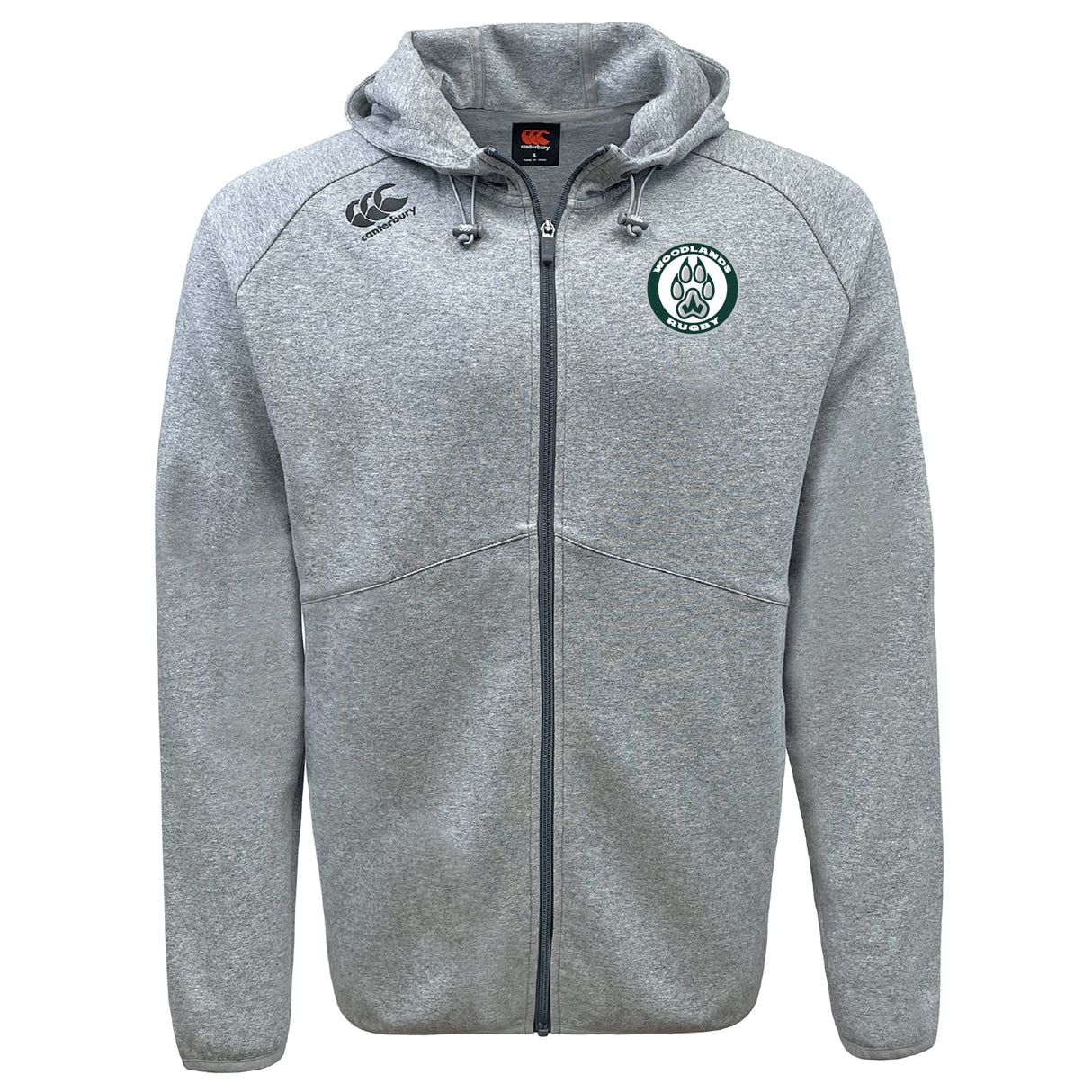 The Woodlands Youth Tempo Vapodri Full-Zip Hoodie by EMB Canterbury is a light grey, moisture-wicking hoodie with a hood, front pockets, right chest logo, and circular paw print emblem on the left. Stay stylish and comfortable all day.