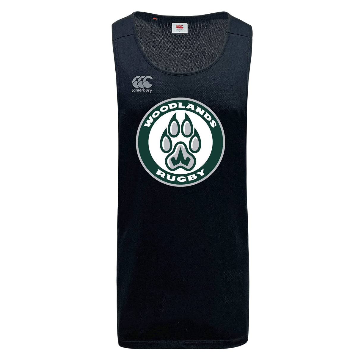 The Woodlands Youth Tempo Vapodri Singlet by WRS Canterbury is a black sleeveless jersey made from recycled polyester, featuring the Canterbury chest logo and a bold "Woodlands Rugby" paw print emblem on the front.