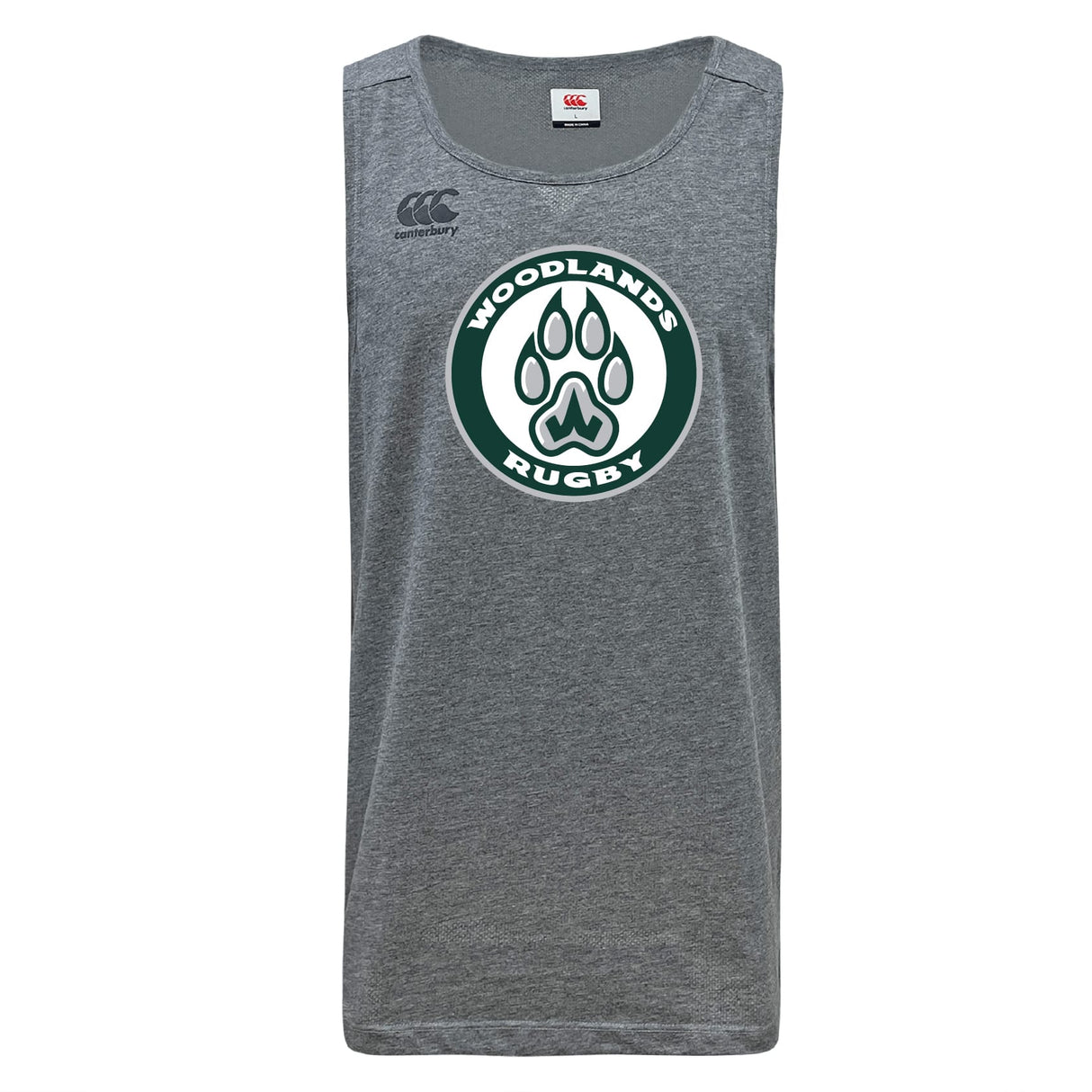 The Woodlands Youth Tempo Vapodri Singlet by WRS Canterbury is a gray sleeveless athletic top with "WOODLANDS RUGBY" and a green and white paw print logo on the chest, made from recycled polyester for performance and sustainability.