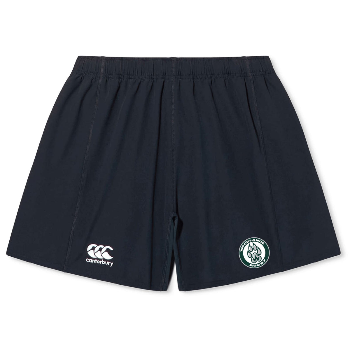 The Woodlands Youth Yokohama Short by EMB Canterbury features navy blue fabric, an elastic waistband, a white Canterbury logo, and a green circular animal paw emblem on the front—a classic rugby short design.