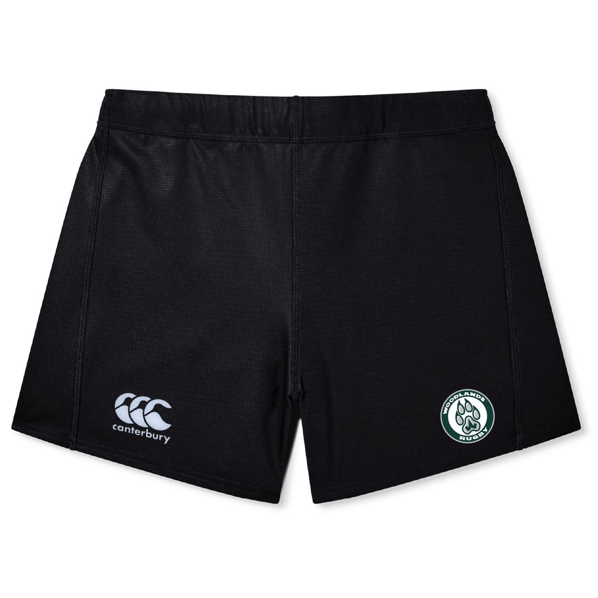 The Woodlands Youth Women's Yokohama Short by EMB Canterbury features the brand’s logo on the left leg and a paw print patch on the right, shown here against a white background.