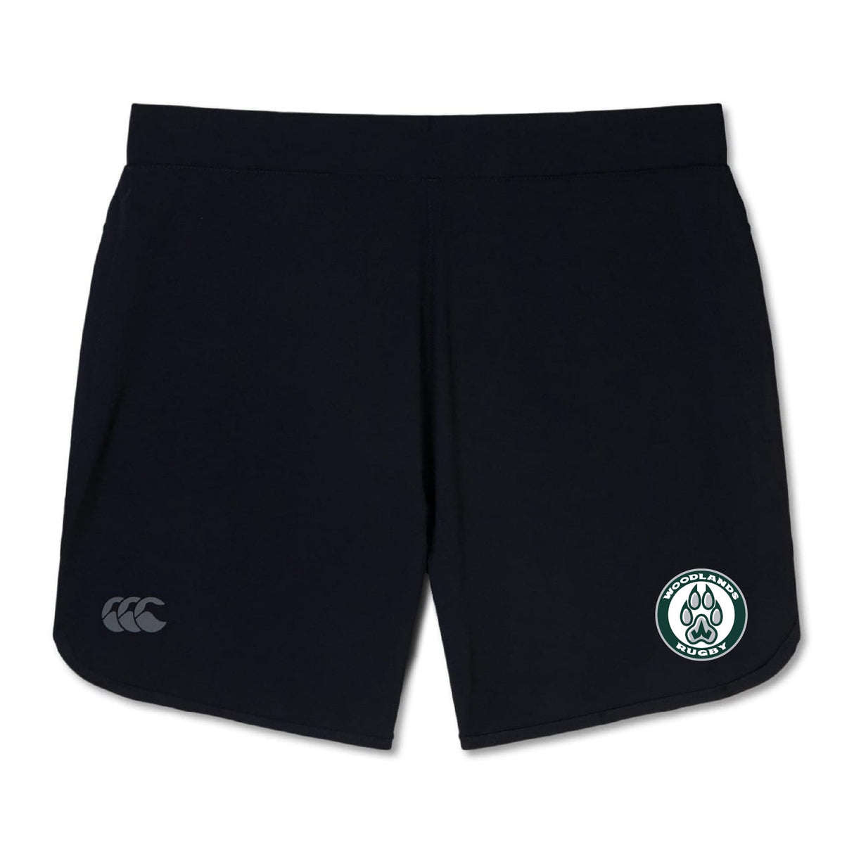 The Woodlands Youth Women's Elite Woven Short by EMB Canterbury features a white paw print rugby logo and a small grey Canterbury logo, perfect for gym or workout wear.