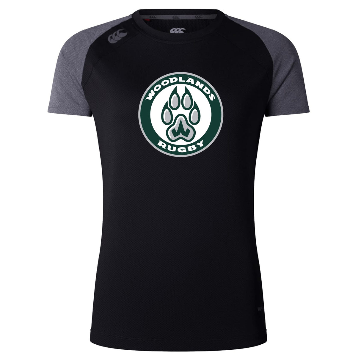The Woodlands Youth Women’s Elite Training Tee by WRS Canterbury is a black and dark gray breathable athletic top featuring a "Woodlands Rugby" logo with a paw print on the chest.