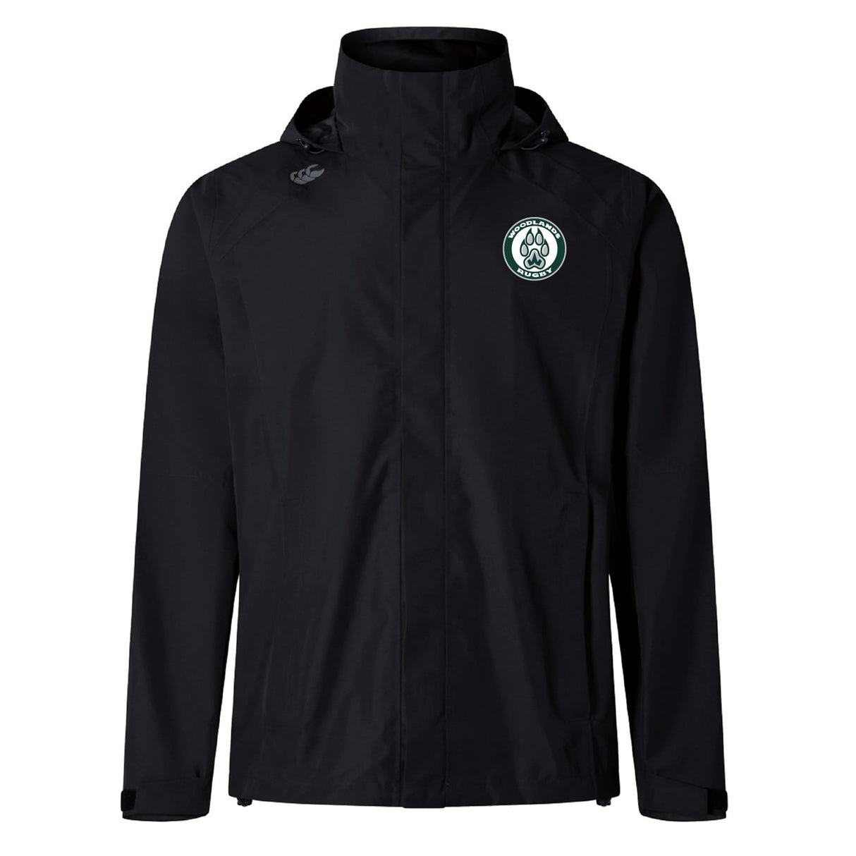 The Woodlands Youth Elite Storm Jacket by EMB Canterbury is a black jacket with a circular flame logo on the left chest and a small emblem on the right shoulder—ideal for pitchside protection.