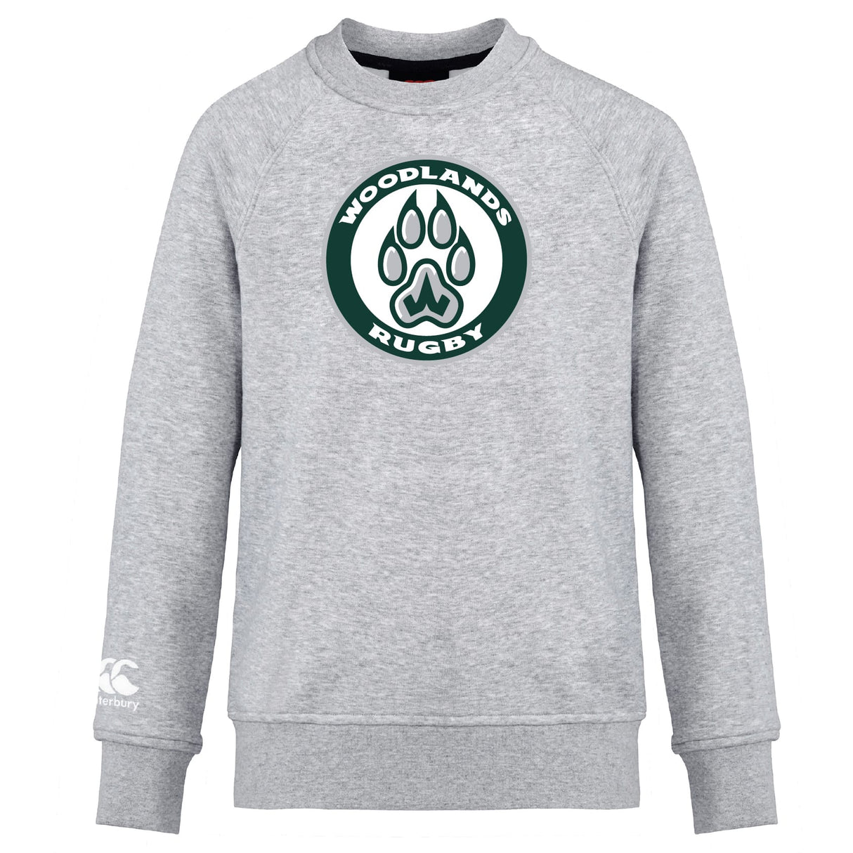 The Woodlands Youth Club Crew Sweatshirt by Canterbury features a "Woodlands Rugby" logo with paw print on the front and an embroidered CCC logo on the ultra-soft left sleeve. Brand: WRS Canterbury.