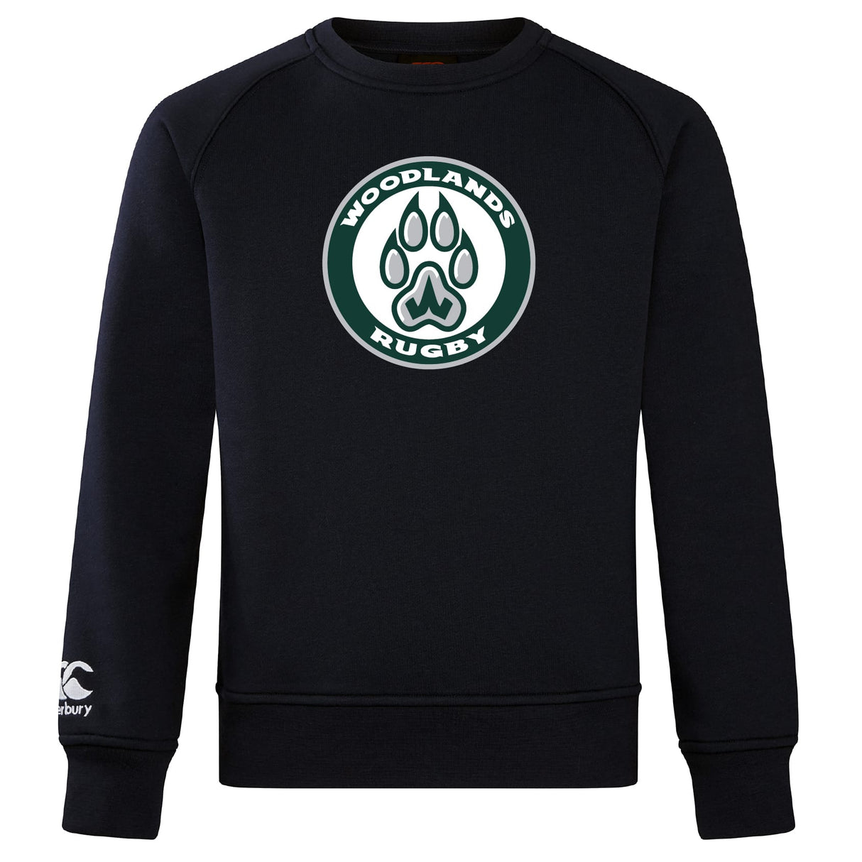 The Woodlands Youth Club Crew Sweatshirt by WRS Canterbury features an ultra-soft feel, a circular "Woodlands Rugby" logo with paw print on the chest, and an embroidered CCC logo on the left sleeve.