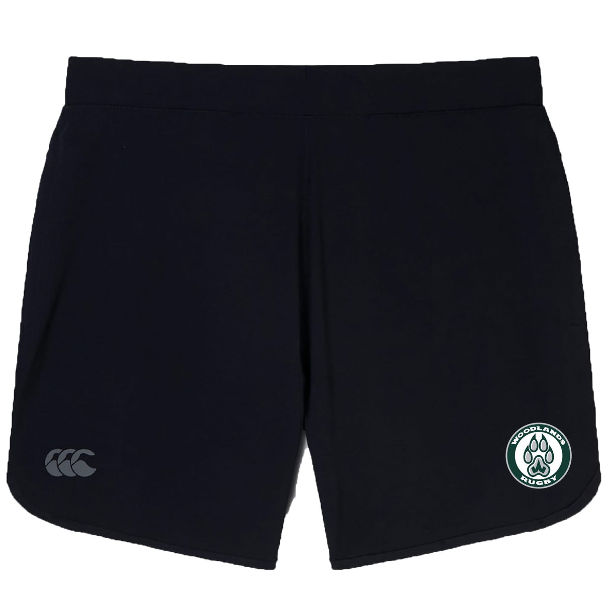 The Woodlands Youth Elite Woven Short by EMB Canterbury features a white "CCC" logo on the left leg, zippered pockets, and a green and white "Middlebury Rugby" paw print emblem on the right leg.
