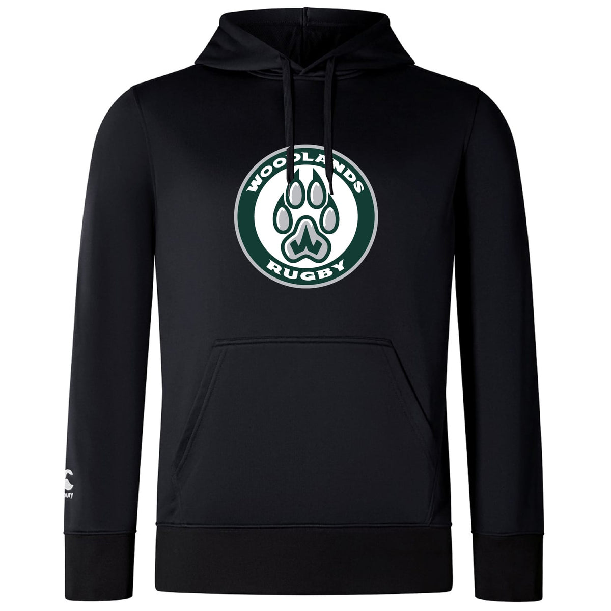 The Woodlands Youth Club Lightweight Hoodie by WRS Canterbury is a black hoodie with a kangaroo pocket, featuring a circular "Woodlands Rugby" logo and paw print on the chest.
