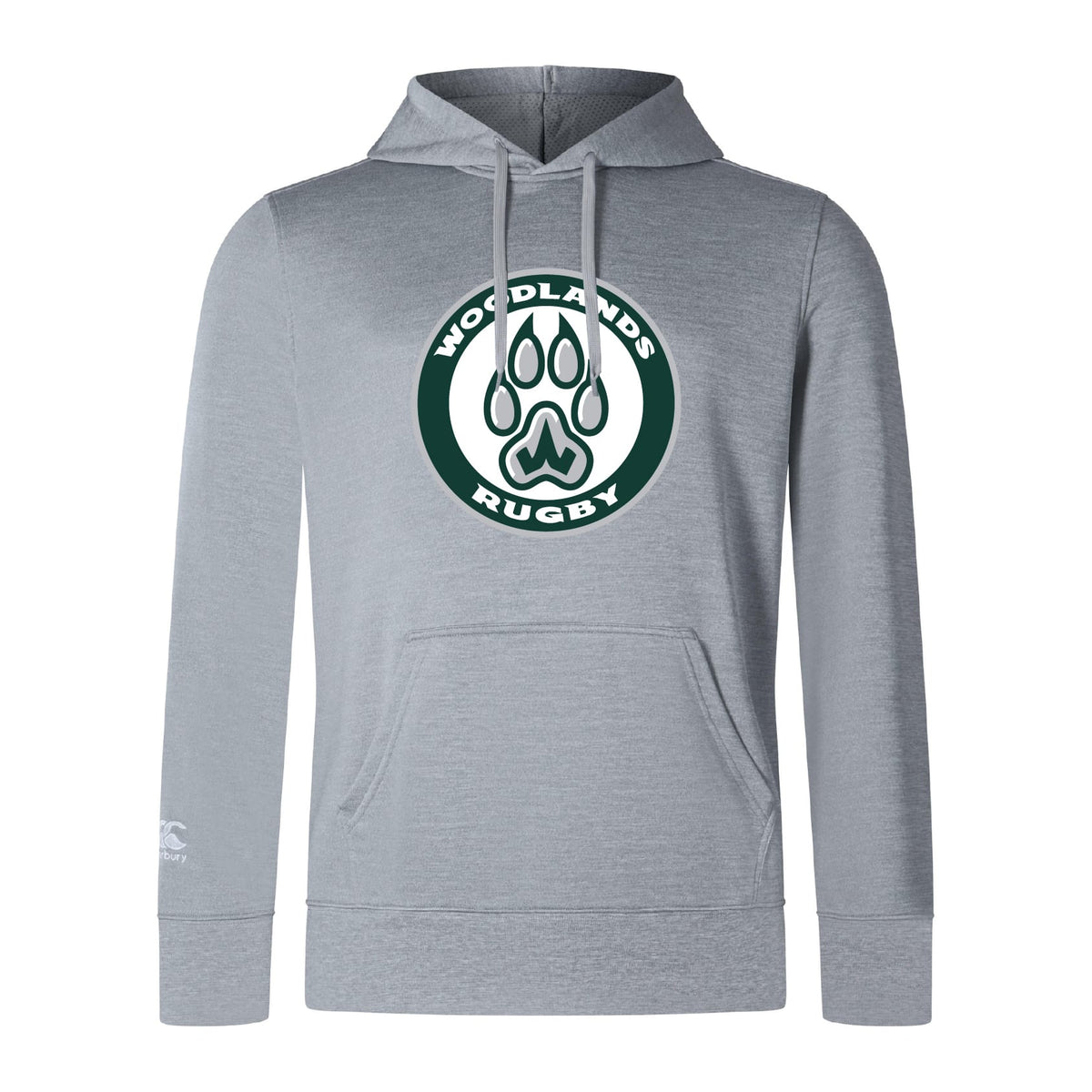 The Woodlands Youth Club Lightweight Hoodie by WRS Canterbury features a light gray design, large front "Woodlands Rugby" logo with paw print, cozy kangaroo pocket, and small Champion logo on the left sleeve.