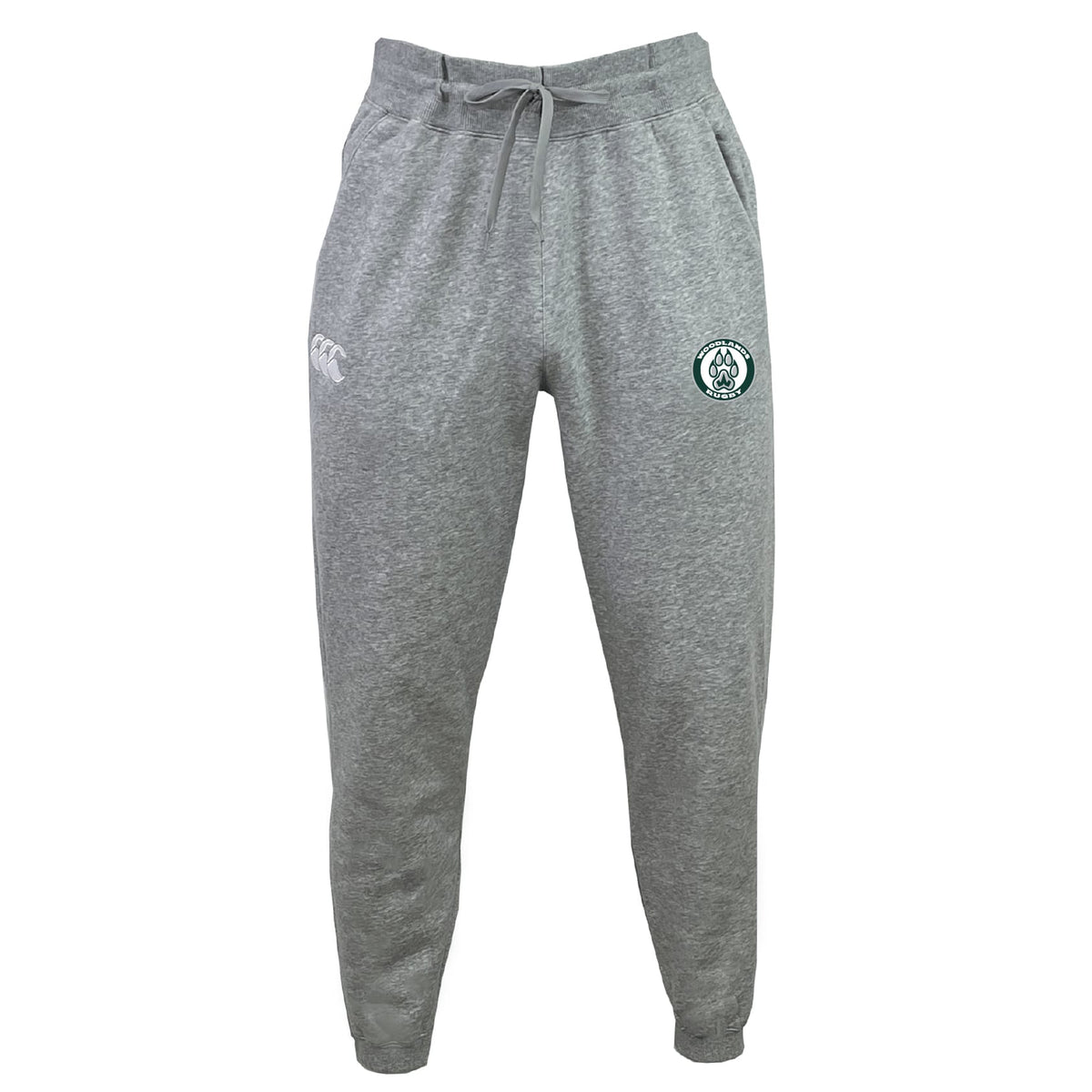 The Woodlands Youth Leisure Sweatpant by EMB Canterbury features a drawstring waist, tapered legs, two thigh logos, and is made from comfy organic cotton.