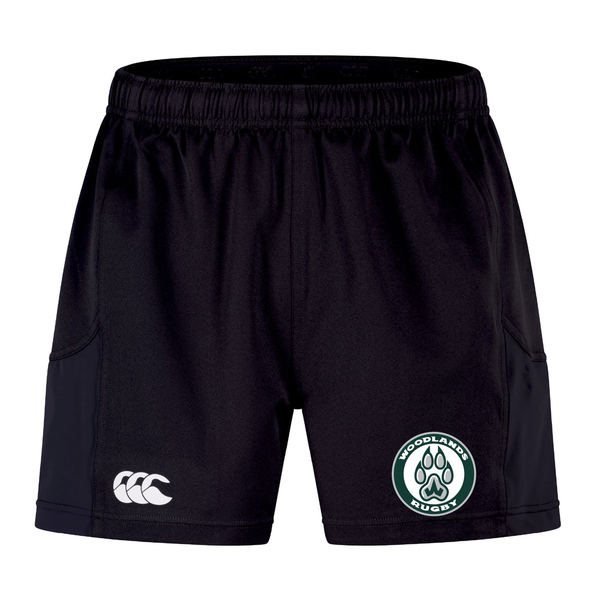 Woodlands Youth Advantage Short 2.0 by EMB Canterbury features sustainable fabric, the Canterbury logo on the left leg, and a Woodlands Rugby paw print badge on the right leg.