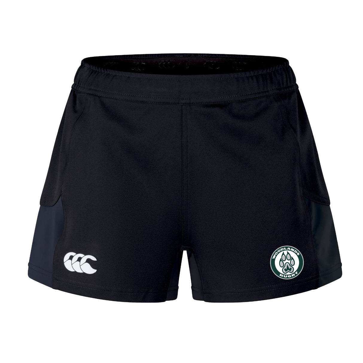 The Woodlands Youth Women's Advantage Short 2.0 by EMB Canterbury features a white Canterbury logo on the left leg and a green and white rugby club paw emblem on the right, designed for performance training as part of our sustainable sportswear range.