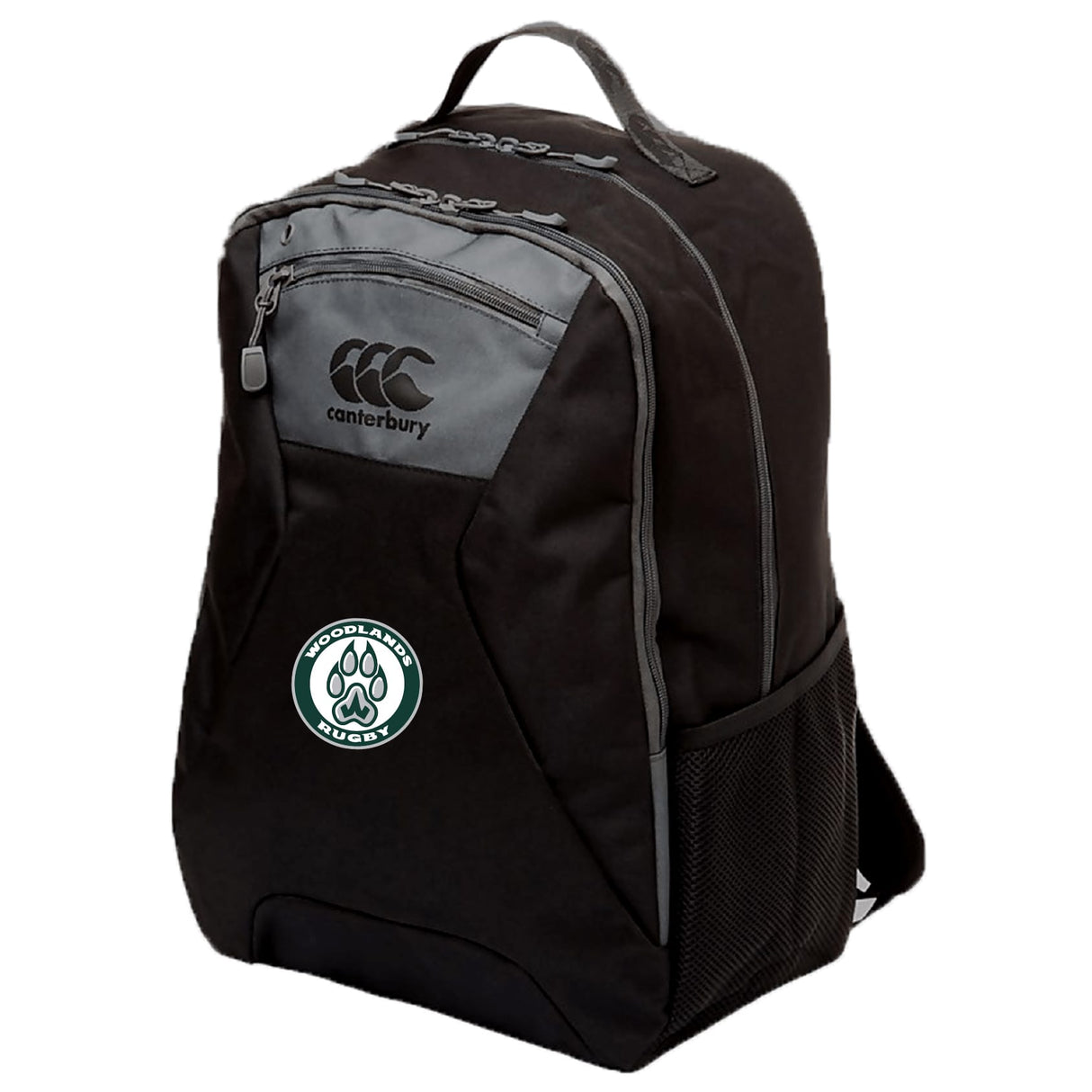 The Woodlands Youth Medium Backpack by Canterbury (EMB Canterbury) features black fabric with grey accents, a front zipper pocket, side mesh pocket, padded laptop pocket, and a Woodlands Rugby logo patch on the front.