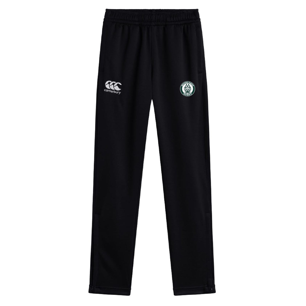 The Woodlands Youth Stretch Tapered Pant by EMB Canterbury features an elastic waistband, a white Canterbury logo on the left thigh, and a green/white badge on the right—ideal workout pants for men.