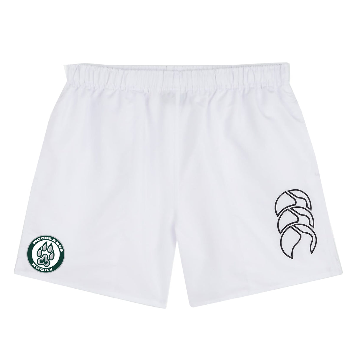 The Woodlands Youth Tactic Short by EMB Canterbury features an elastic waistband, a bold black EMB Canterbury logo on the right leg, and a green "Woodley Rugby" paw print badge on the left—ideal for youth rugby or gym training.