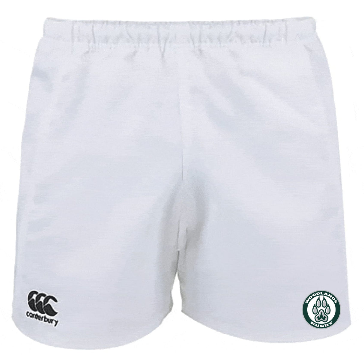 The Woodlands Youth Professional Polyester Rugby Short by EMB Canterbury features the Canterbury logo on the left leg and a circular paw print "Rugby" logo on the right leg.