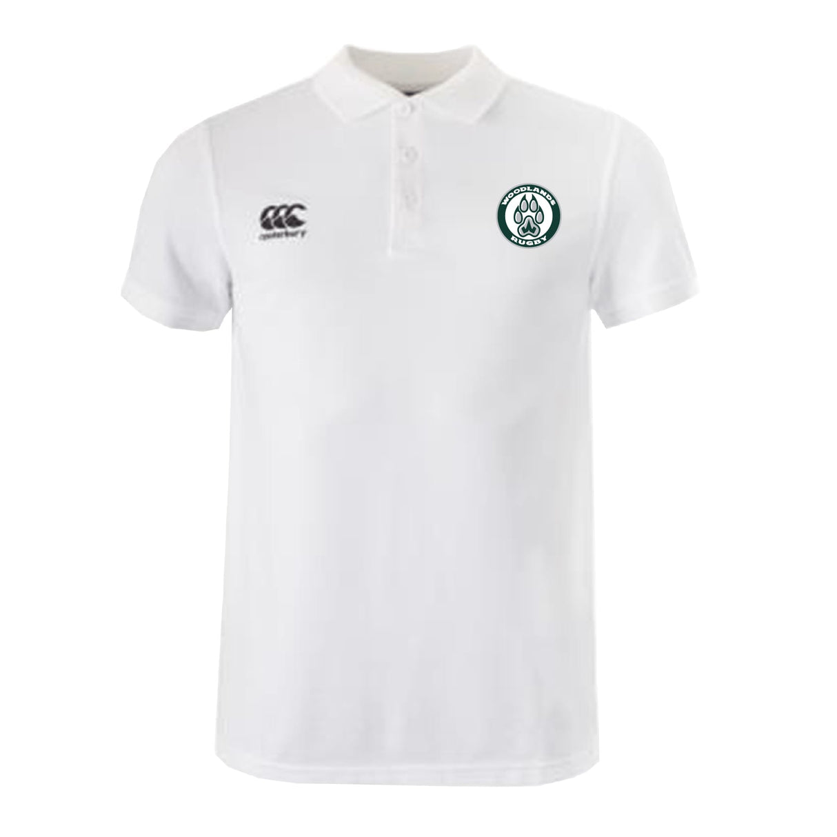 The Woodlands Youth Waimak Polo by EMB Canterbury features a classic collar, short sleeves, the CCC Waimak Rugby Polo logo on the right chest, and a green paw print on the left—ideal for young rugby fans.