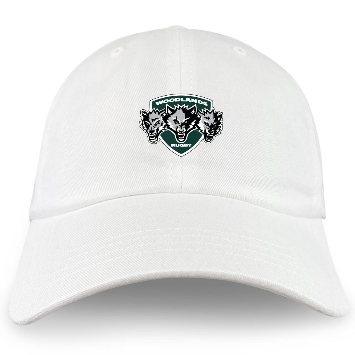 The EMB S&S Activewear Woodlands Youth Wolfpack Adult Low-Profile Cotton Twill Dad Cap features three embroidered wolf heads and the "Woodlands Rugby" logo on the front.