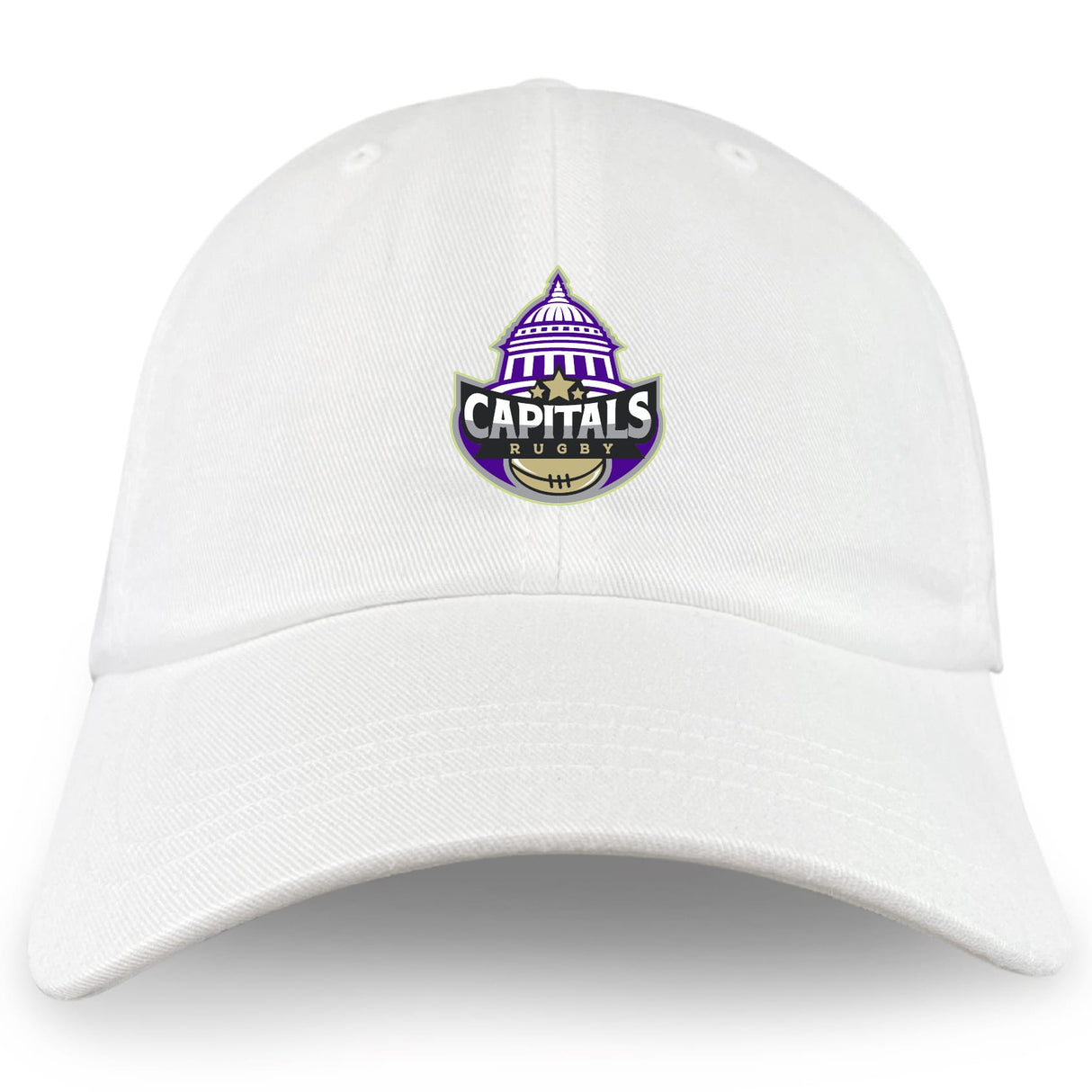 The EMB S&S Activewear Capitals Rugby NC Adult Low-Profile Cotton Twill Dad Cap in white features a "Capitals Rugby" logo with a stylized purple and black capitol building above a rugby ball, all embroidered on the front.