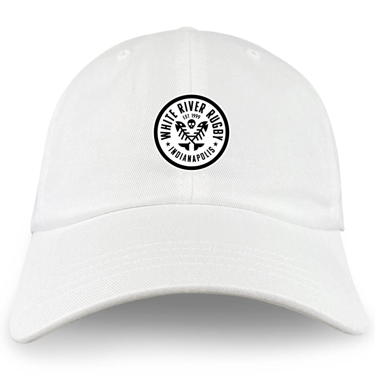 The EMB S&S Activewear White River Rugby Football Club Adult Low-Profile Cotton Twill Dad Cap features a black embroidered circular "White River Rugby Indianapolis" logo on the front.