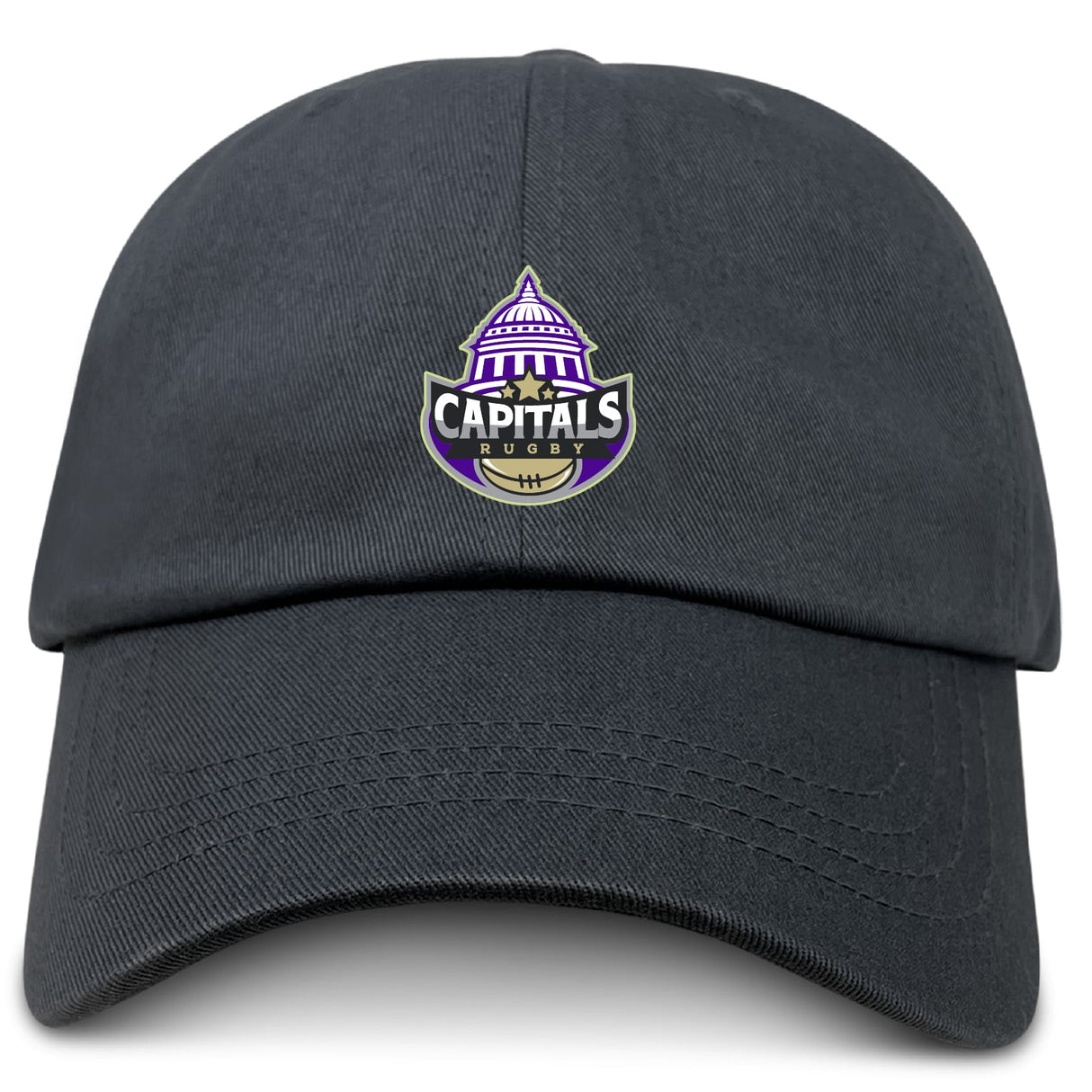 The EMB S&S Activewear Capitals Rugby NC Adult Low-Profile Cotton Twill Dad Cap is black and features a purple and gold Capitals Rugby logo with a domed building above a rugby ball, all embroidered on the front.
