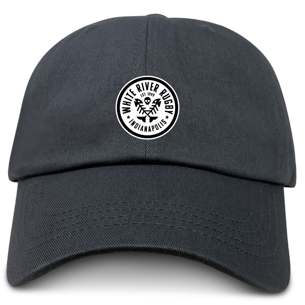 The EMB S&S Activewear White River Rugby Football Club Adult Low-Profile Cotton Twill Dad Cap is black with a white circular embroidered "White River Rugby Indianapolis" logo patch on the front.