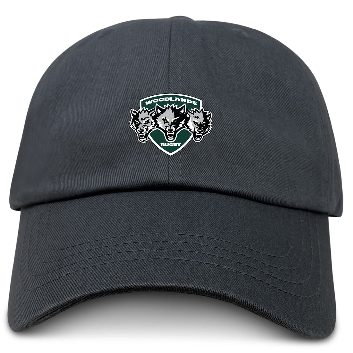 The EMB S&S Activewear Woodlands Youth Wolfpack Adult Low-Profile Cotton Twill Dad Cap features embroidered "Woodlands Rugby" branding with three wolf heads on the front for a bold look.