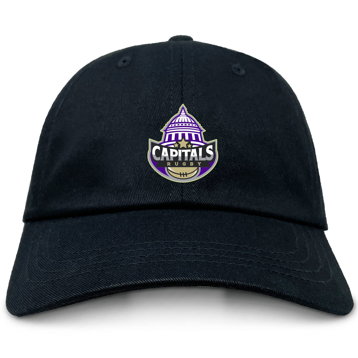 The Capitals Rugby NC Adult Low-Profile Cotton Twill Dad Cap by EMB S&S Activewear is a black cotton twill hat with purple, white, and gold "Capitals Rugby" embroidery featuring a domed building and rugby ball on the front.
