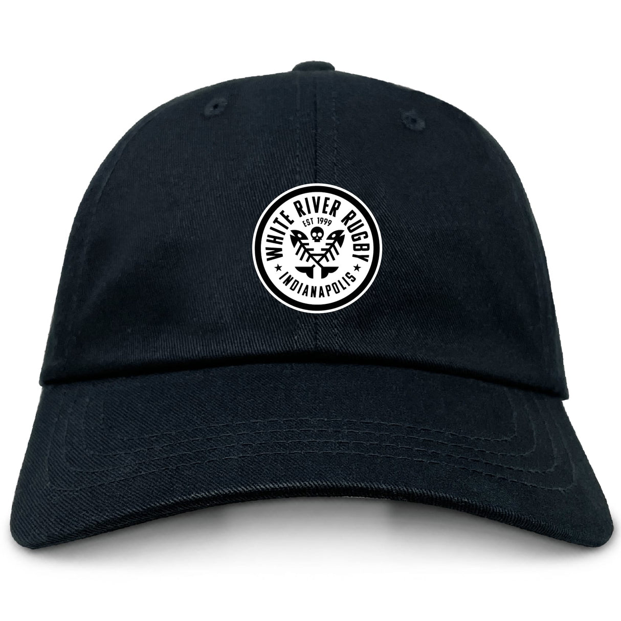 The EMB S&S Activewear White River Rugby Football Club Adult Low-Profile Cotton Twill Dad Cap is a classic black hat with a front patch featuring "White River Rugby Indianapolis," crossed rugby balls, and "Est 1999" embroidery.