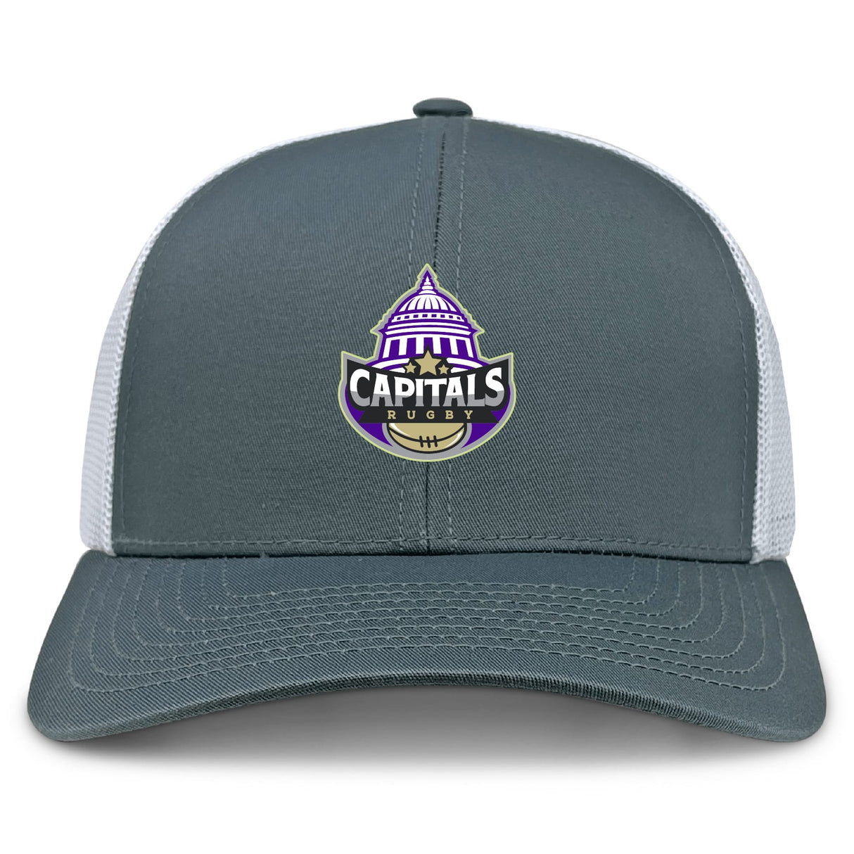 The Capitals Rugby NC Retro Trucker Cap by EMB S&S Activewear features a gray and white design, an embroidered "Capitals Rugby" logo with a stylized dome and rugby ball, and an adjustable snapback closure.