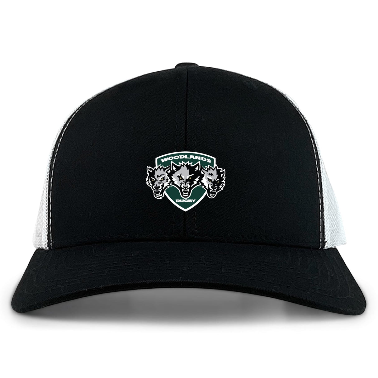 The EMB S&S Activewear Woodlands Youth Wolfpack Retro Trucker Cap features a black and white design with mesh back, an embroidered three-wolf "Woodlands Rugby" logo on the front, and an adjustable snapback closure.