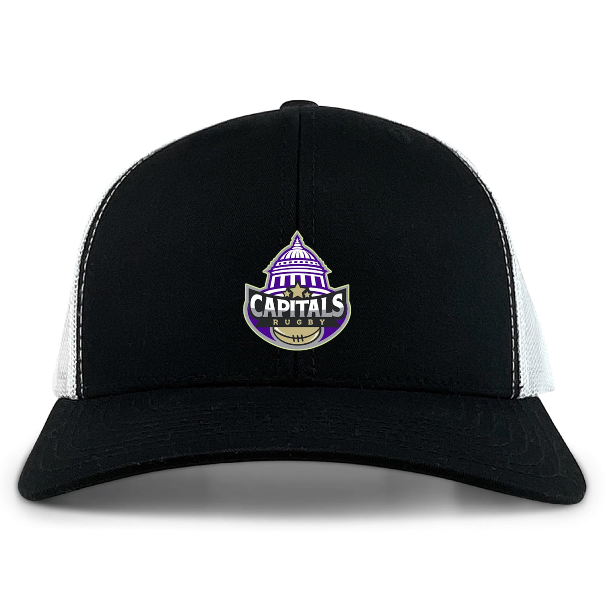 The Capitals Rugby NC Retro Trucker Cap by EMB S&S Activewear features a black and white design, purple and white embroidered "Capitals Rugby" logo with dome graphic on the front, plus an adjustable snapback closure.