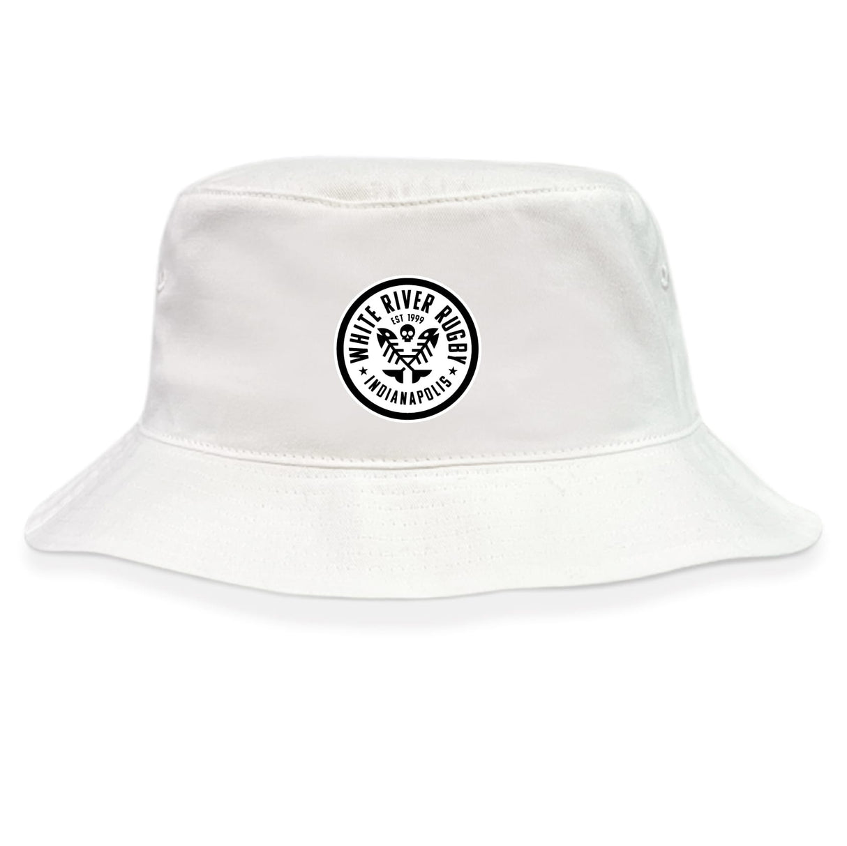 The EMB S&S Activewear White River Rugby Football Club Crusher Bucket Cap features a round black "White River Rugby Indianapolis" logo on the front, offering classic style and sun protection.