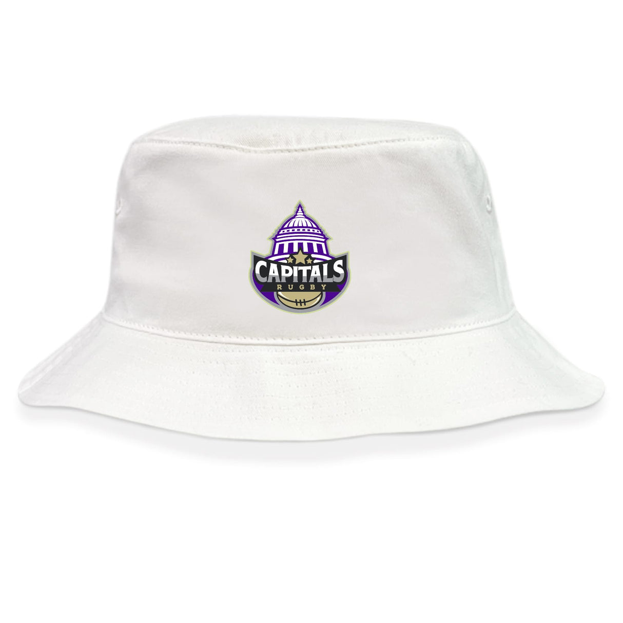 The Capitals Rugby NC Crusher Bucket Cap by EMB S&S Activewear is a white cotton twill hat featuring an embroidered Washington Capitals hockey logo with purple accents—stylish sun protection for any fan.