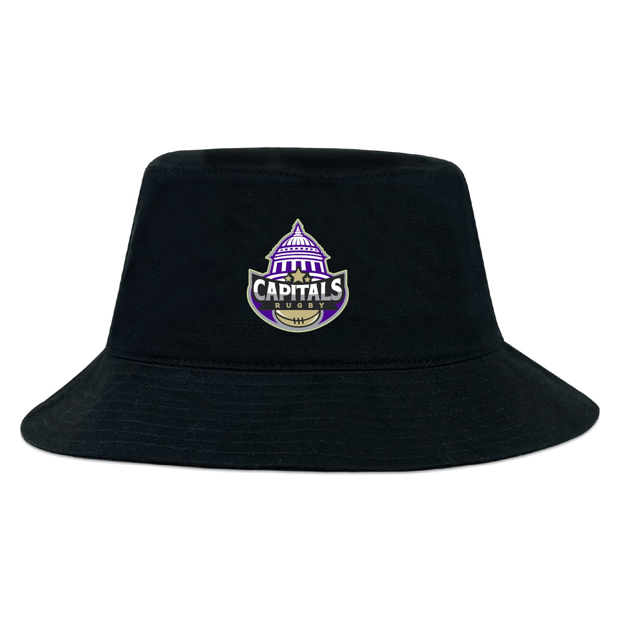 The Capitals Rugby NC Crusher Bucket Cap by EMB S&S Activewear is a black cotton twill hat featuring a purple and white "Capitals Rugby" logo with a stylized capitol building and rugby ball on the front—ideal for sun protection.