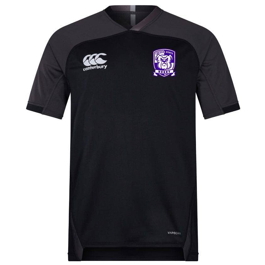 This black and dark grey short-sleeve Winona State University Vapodri Evader Jersey by EMB Canterbury showcases a purple and white crest along with the Canterbury logo on the chest. Crafted with moisture-wicking technology, it is ideal for keeping you comfortable during your intense workouts.