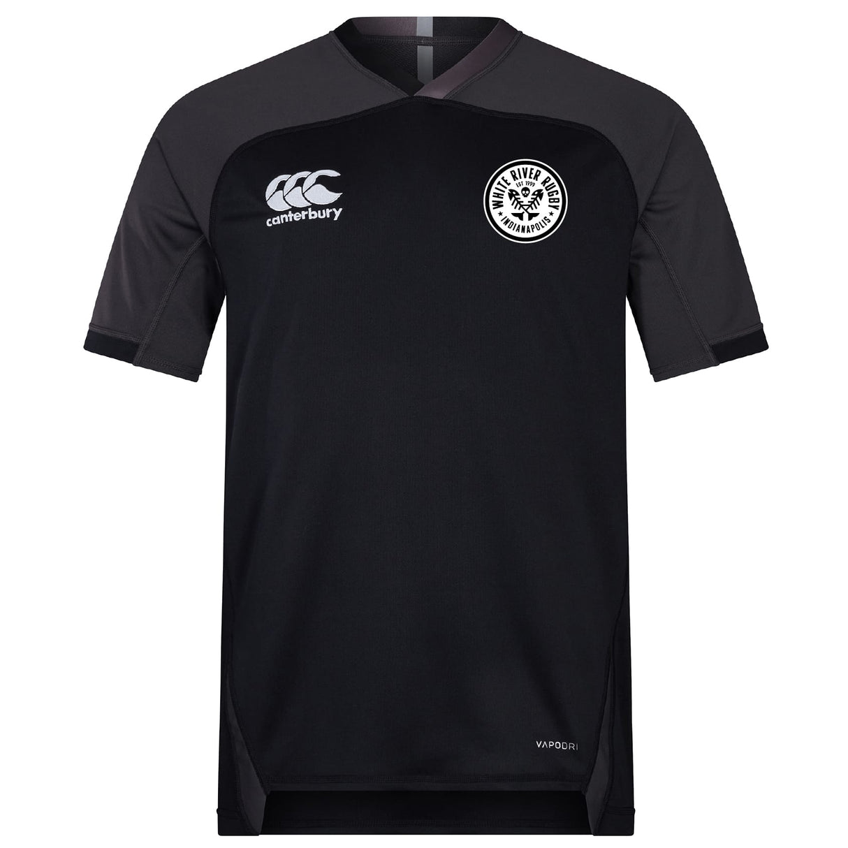 A black White River Rugby Football Club Vapodri Evader Jersey by EMB Canterbury features dark gray shoulders, a round neck, moisture-wicking tech, and Canterbury with club logos on the chest for a sleek, athletic look.