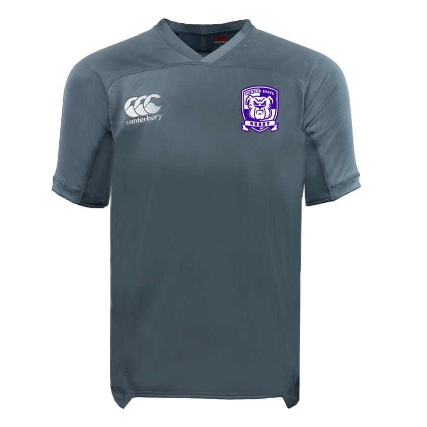 The gray Winona State University Vapodri Evader Jersey by EMB Canterbury boasts short sleeves, a Canterbury logo, and a badge displaying a purple and white emblem on the chest. Equipped with moisture-wicking technology, it provides both comfort and performance on the field.