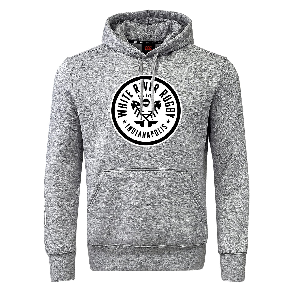 White River Rugby Football Club Club Hoodie by WRS Canterbury—a gray hoodie with a front pocket and "White River Rugby Indianapolis" logo printed in black and white on the chest.
