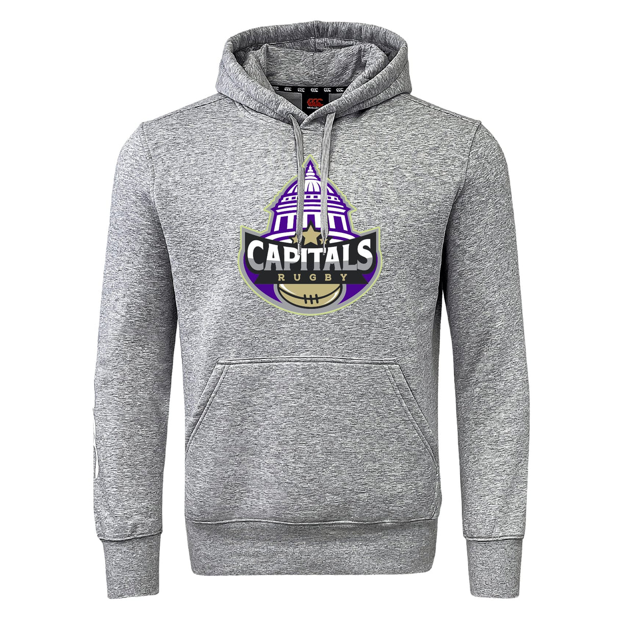 The Capitals Rugby NC Club Hoodie by WRS Canterbury is a gray rugby hoodie with a bold "Capitals Rugby" logo, featuring a purple dome and gold rugby ball on the front.