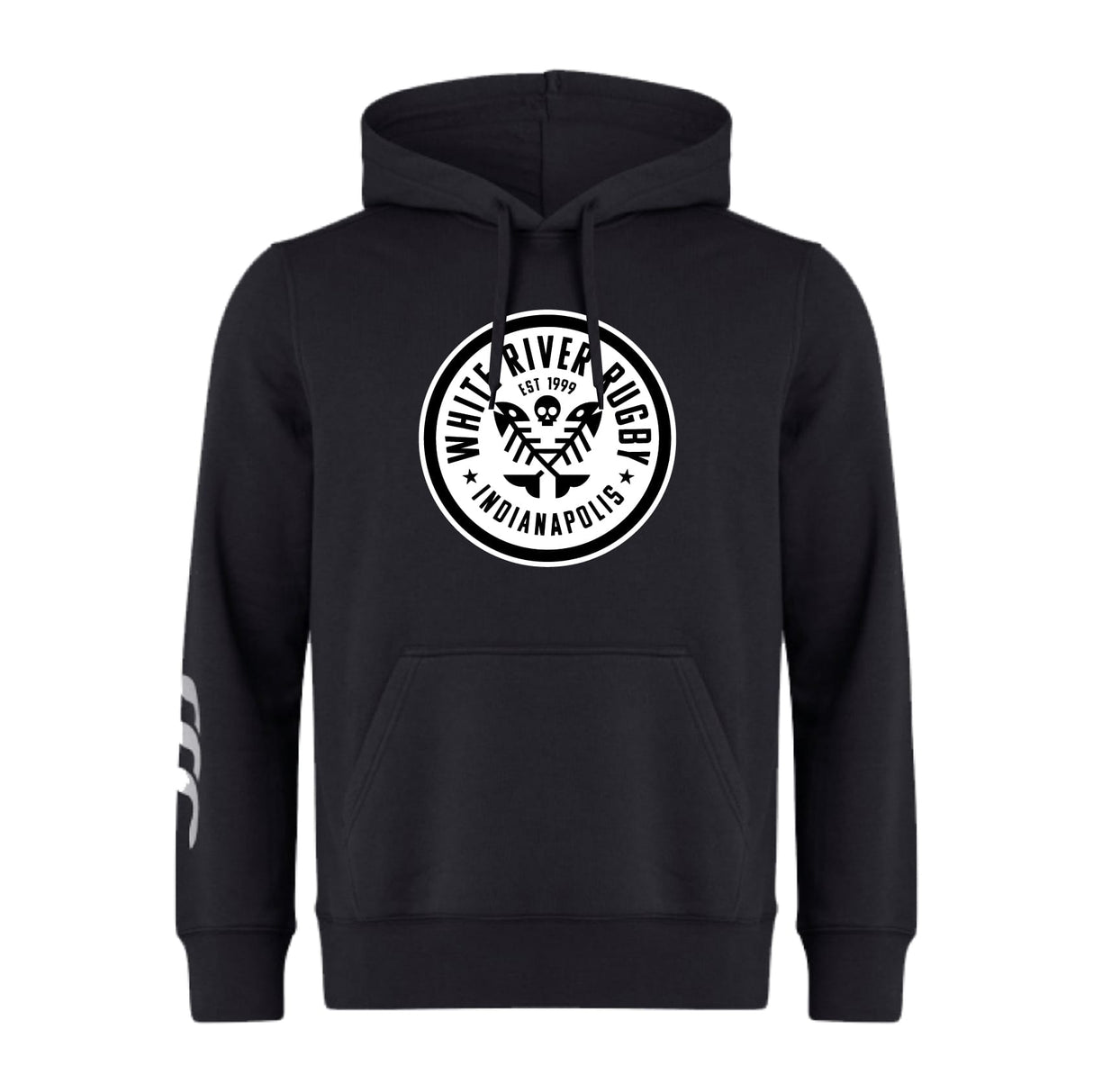 The White River Rugby Football Club Club Hoodie by Canterbury (WRS Canterbury) is a black hoodie inspired by rugby style, with a chest "White River Push, Indianapolis" logo and white stripes on the right sleeve.